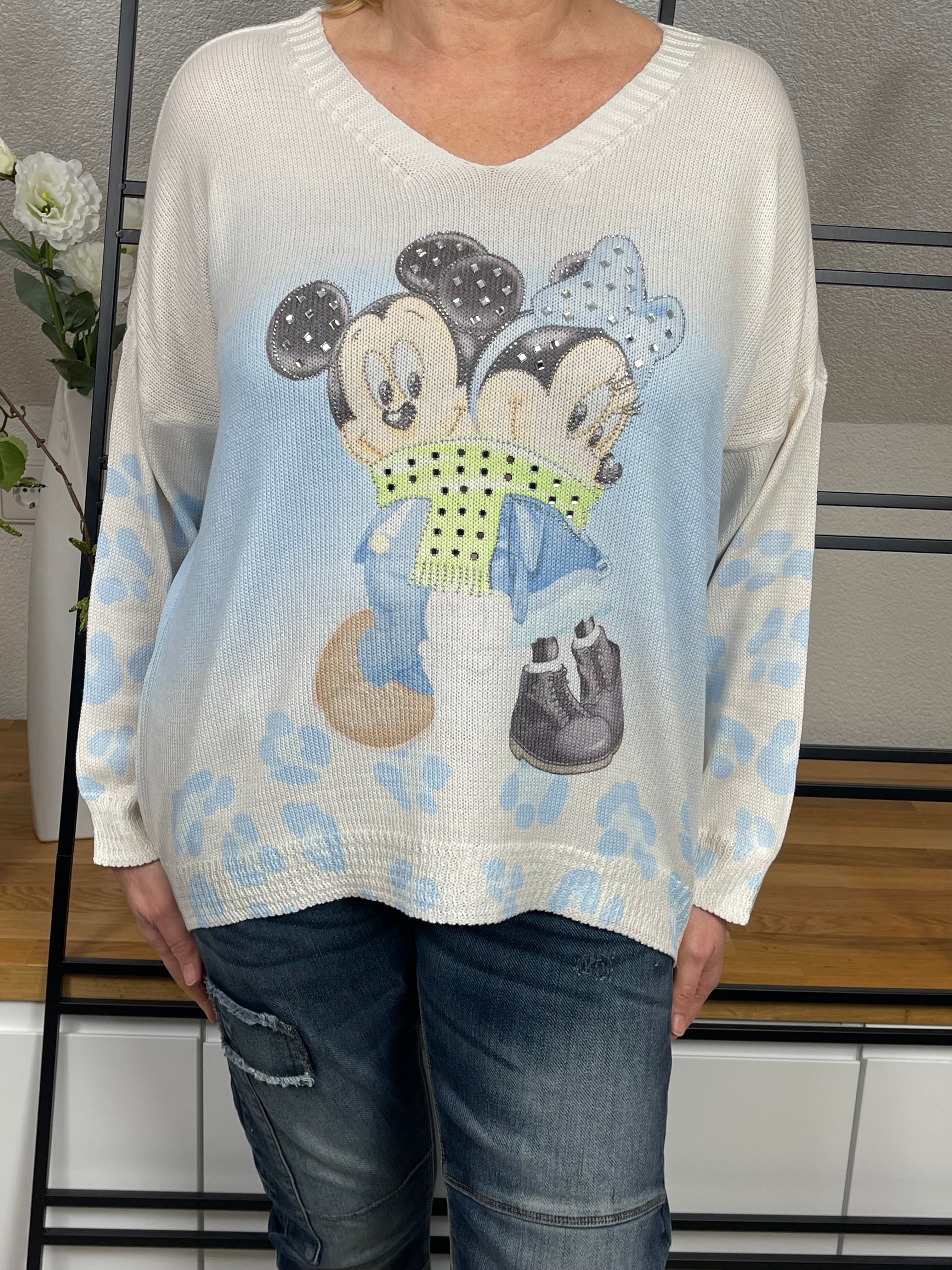 Stylischer Mickey Mouse Pullover für Damen, hellblau, Frontansicht, Glitzer & Einheitsgröße